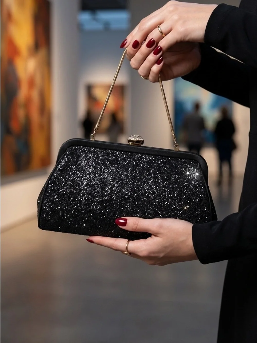 Black Glitter Evening Clutch with Gold Chain Handle